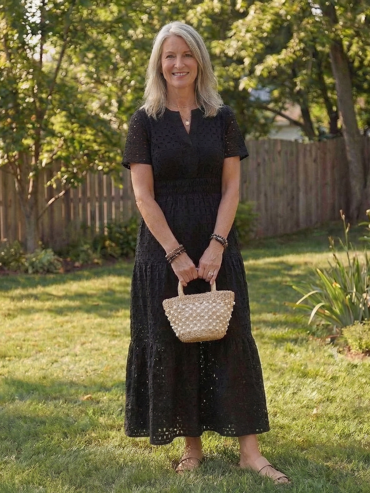 Virelle | Short Sleeve Eyelet Tiered Midi Dress