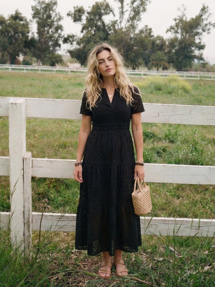 Virelle | Short Sleeve Eyelet Tiered Midi Dress