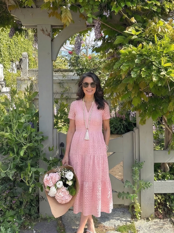 Virelle | Short Sleeve Eyelet Tiered Midi Dress
