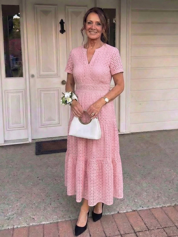 Virelle | Short Sleeve Eyelet Tiered Midi Dress