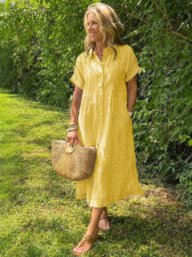 Ismeria | Short Sleeve Button Front Striped Midi Dress