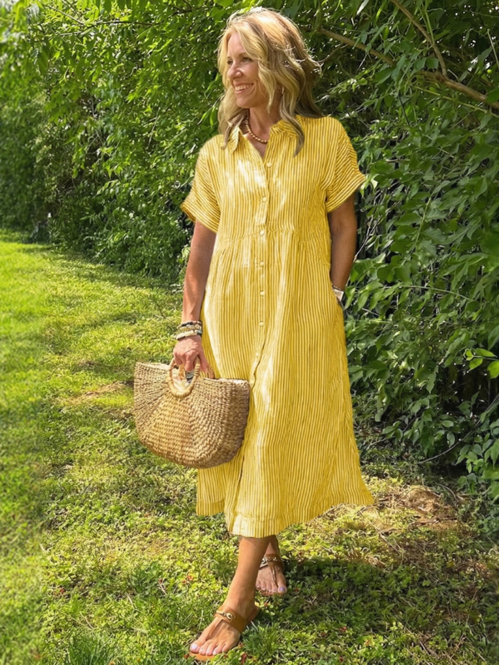Ismeria | Short Sleeve Button Front Striped Midi Dress