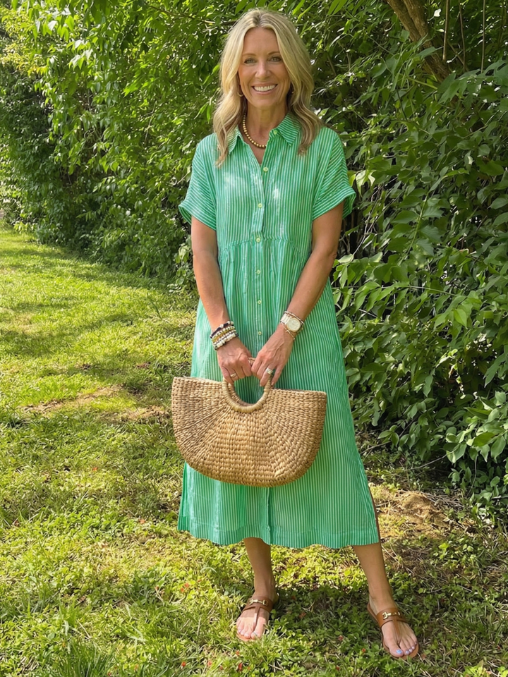 Ismeria | Short Sleeve Button Front Striped Midi Dress