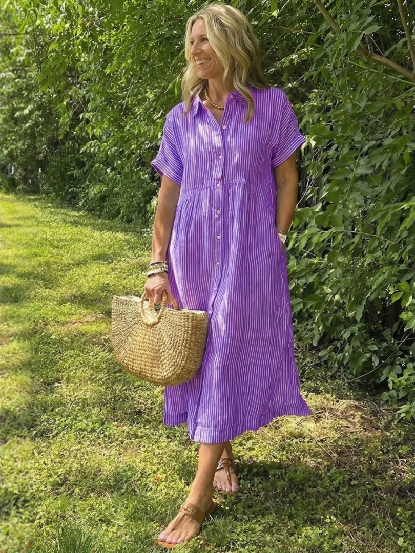 Ismeria | Short Sleeve Button Front Striped Midi Dress