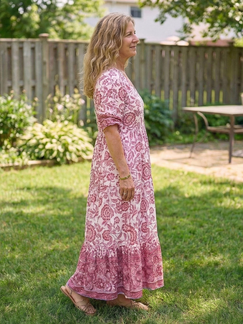Isolde | Short Sleeve V Neck Floral Midi Dress