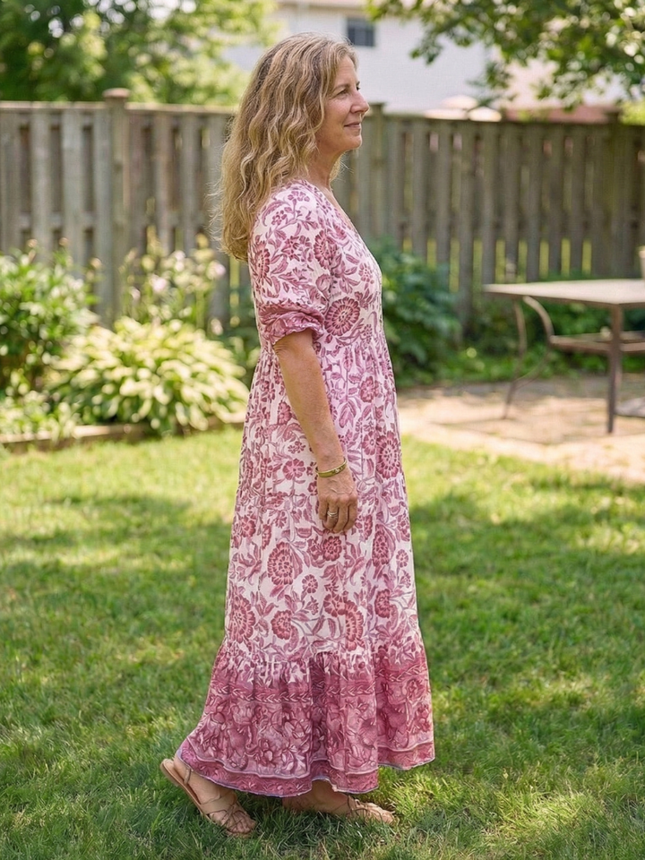Isolde | Short Sleeve V Neck Floral Midi Dress
