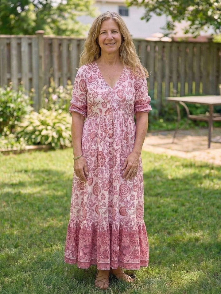 Isolde | Short Sleeve V Neck Floral Midi Dress