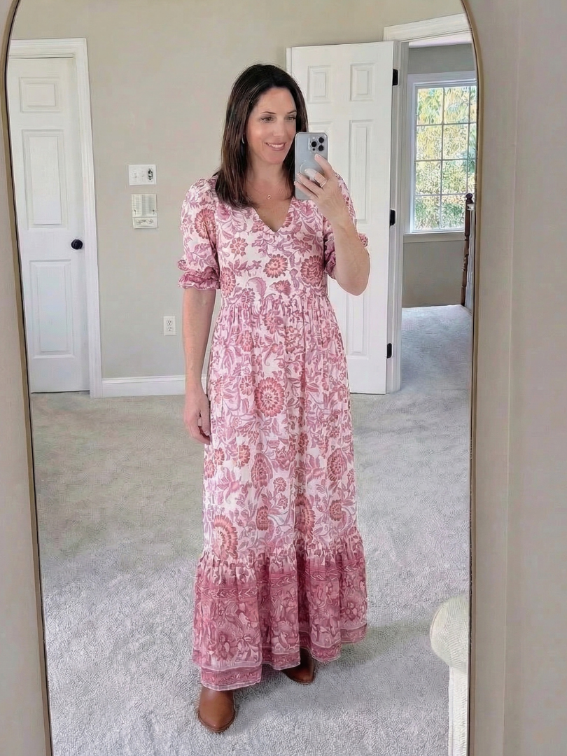 Isolde | Short Sleeve V Neck Floral Midi Dress