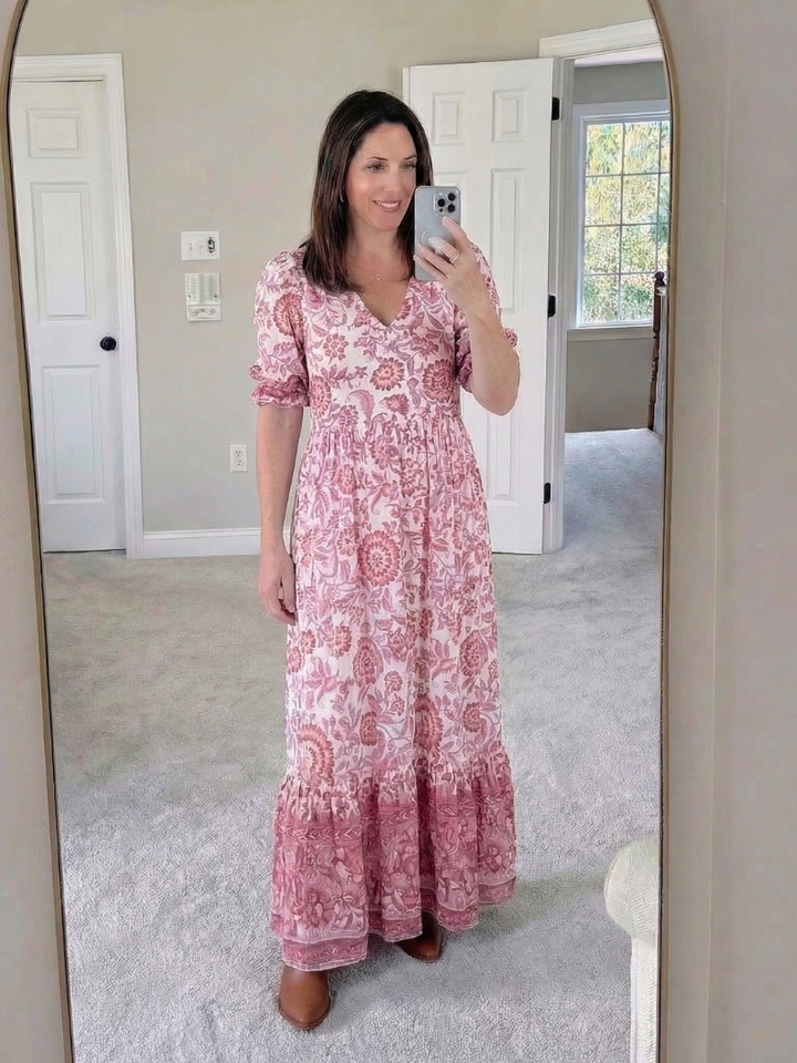 Isolde | Short Sleeve V Neck Floral Midi Dress