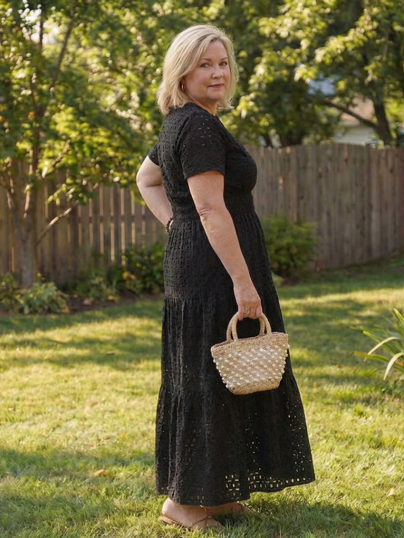 Virelle | Short Sleeve Eyelet Tiered Midi Dress