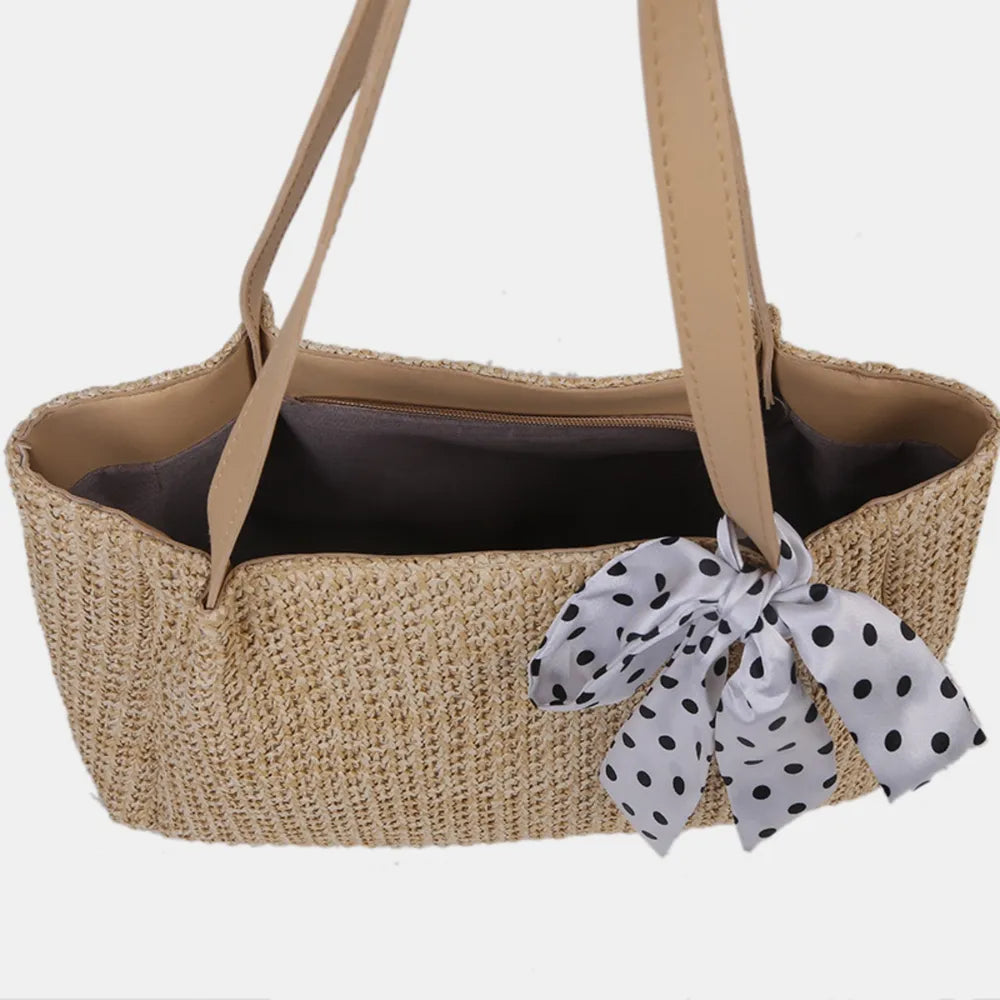 SOLINE – Woven Summer Bag with Leather Details &amp; Bow Accent