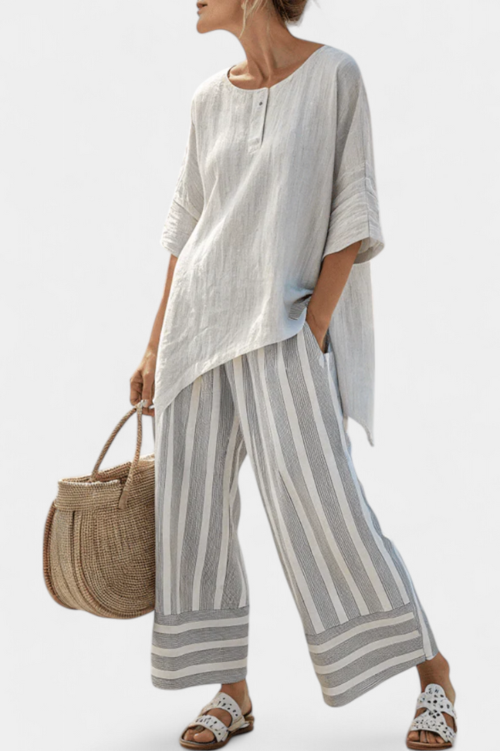 Talvora | Elegant Asymmetrical Blouse &amp; Striped Trousers