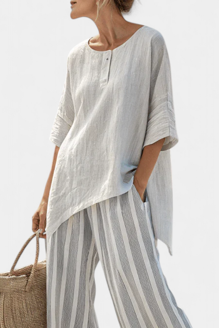 Talvora | Elegant Asymmetrical Blouse &amp; Striped Trousers