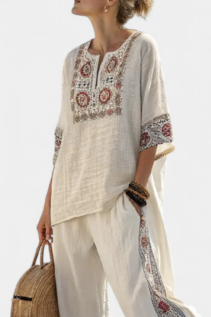 Tameric | Sophisticated Embroidered Raw Blouse &amp; Wide Trousers