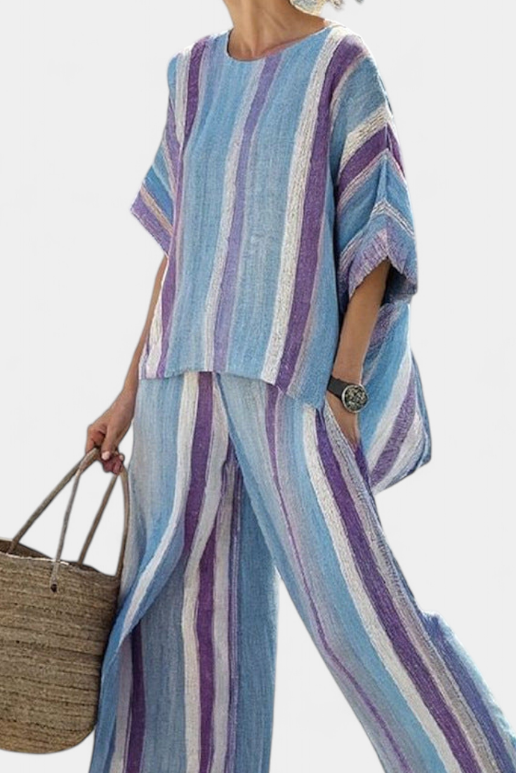Faelith | Elegant Mauve Pastel Top &amp; Striped Linen Trousers