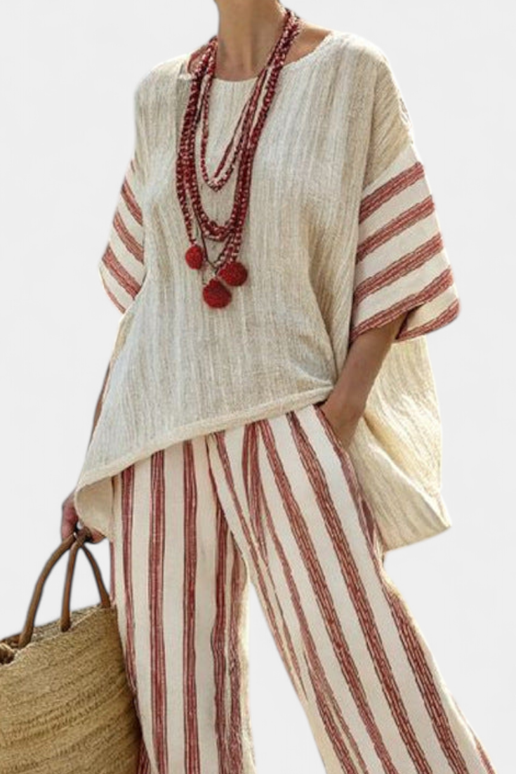 Braelith | Elegant Rustic Striped Top &amp; Cream Linen Trousers