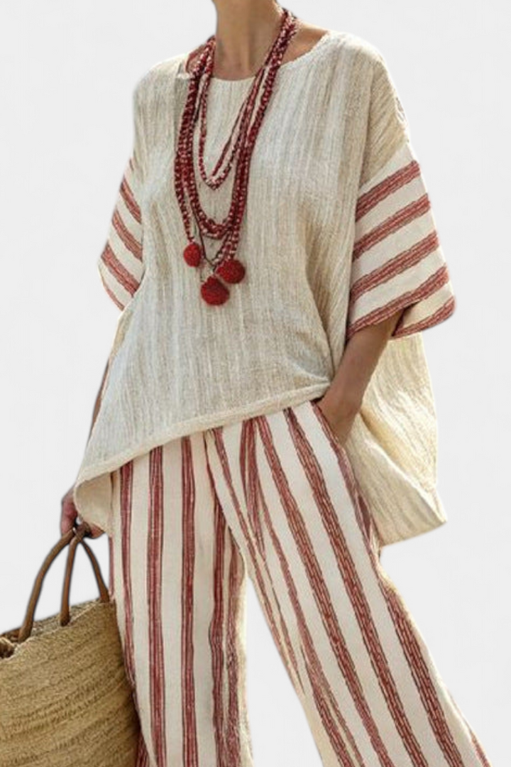 Braelith | Elegant Rustic Striped Top &amp; Cream Linen Trousers