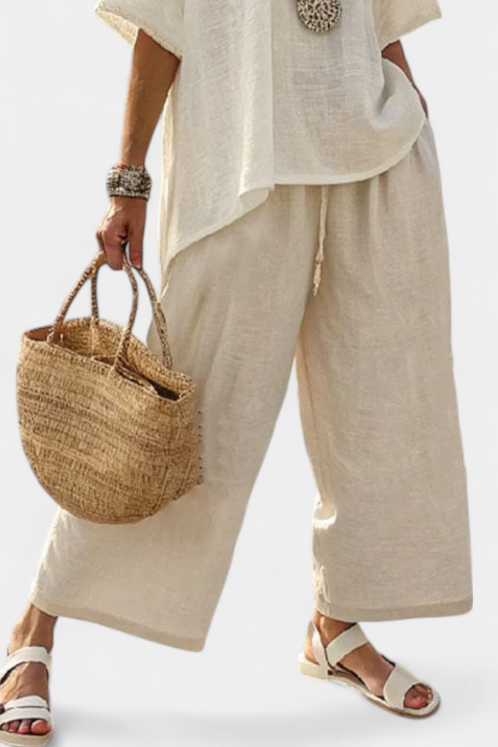 Drevon | Comfortable Minimalist Raw Blouse &amp; Wide-Leg Trousers
