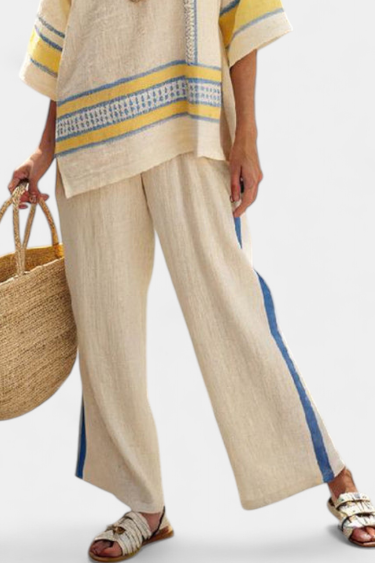 Jaxmere | Comfortable Blue-Yellow Mediterranean Top &amp; Linen Pants