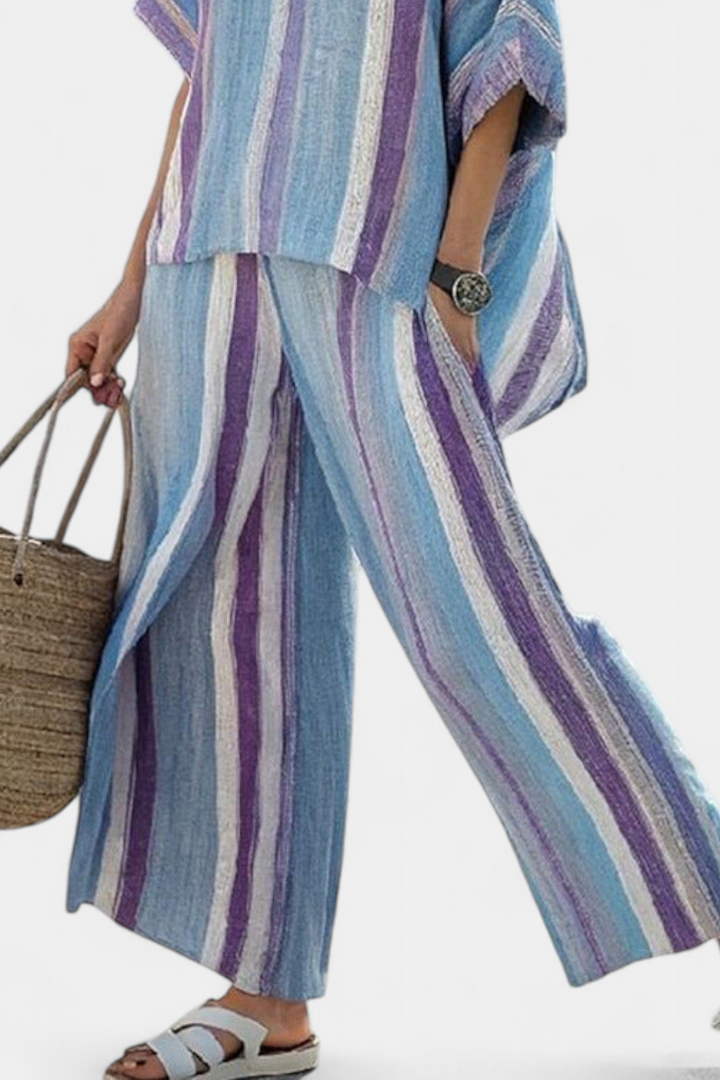 Faelith | Elegant Mauve Pastel Top &amp; Striped Linen Trousers