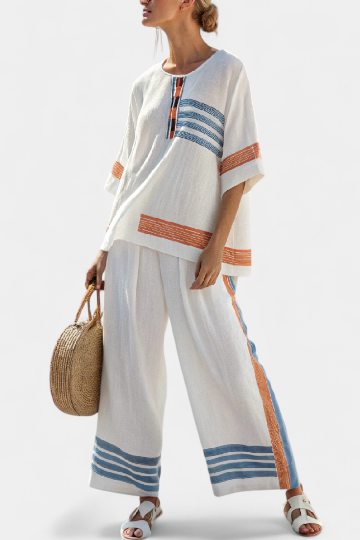 Marcellin | Sophisticated Blue-Orange Striped Top &amp; Pants