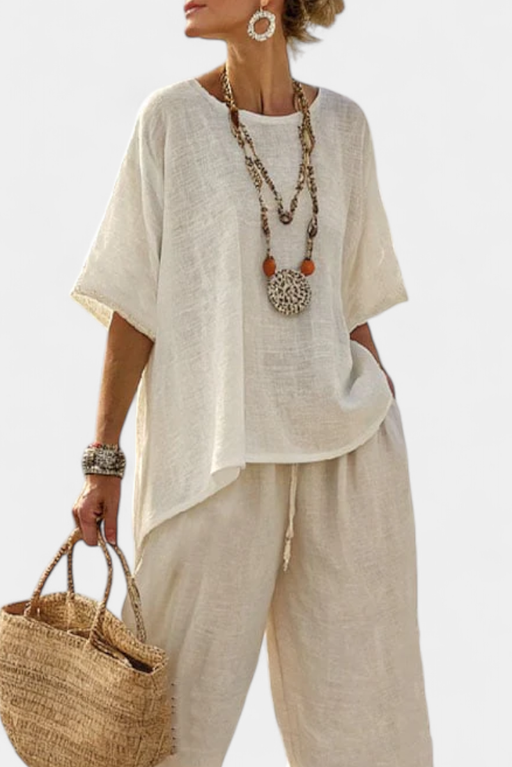 Drevon | Comfortable Minimalist Raw Blouse &amp; Wide-Leg Trousers