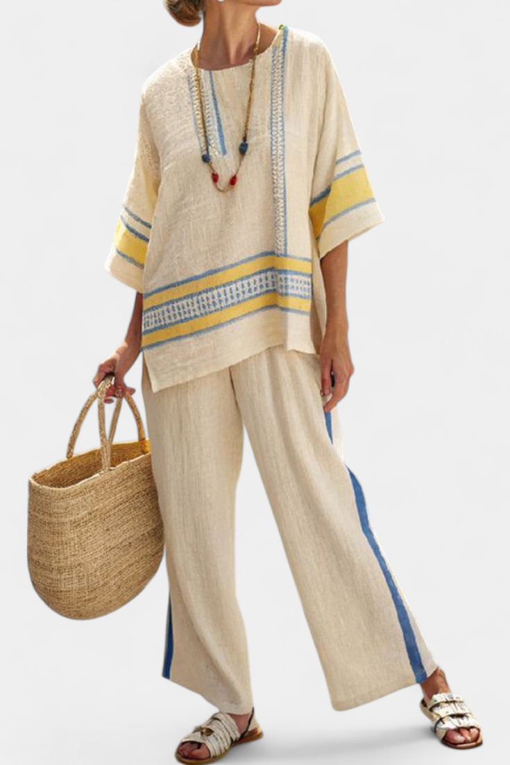 Jaxmere | Comfortable Blue-Yellow Mediterranean Top &amp; Linen Pants