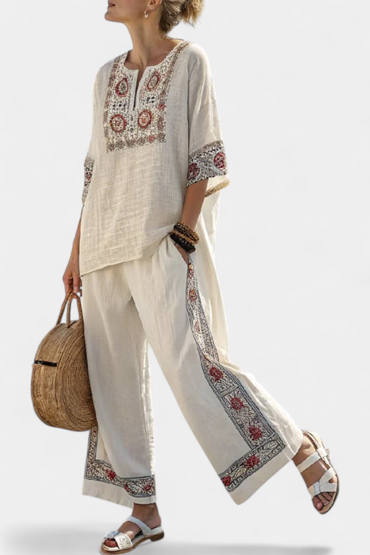 Tameric | Sophisticated Embroidered Raw Blouse &amp; Wide Trousers