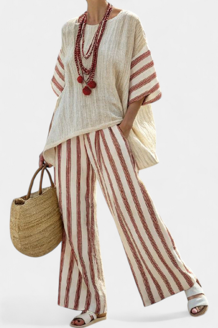 Braelith | Elegant Rustic Striped Top &amp; Cream Linen Trousers
