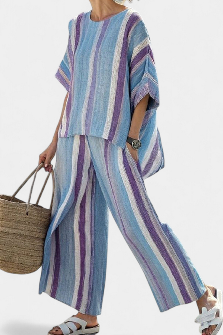 Faelith | Elegant Mauve Pastel Top &amp; Striped Linen Trousers